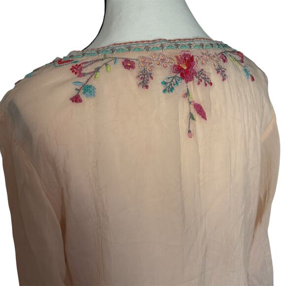 Johnny Was Embroidered Boho Tunic Top Medium Peach Floral Bird Cupra Rayon - Picture 8 of 11